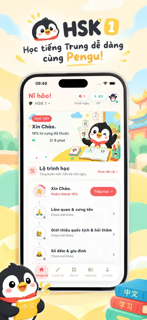 Ảnh app Pengu HSK trên App Store: trang chủ HSK 1 và lộ trình bài học