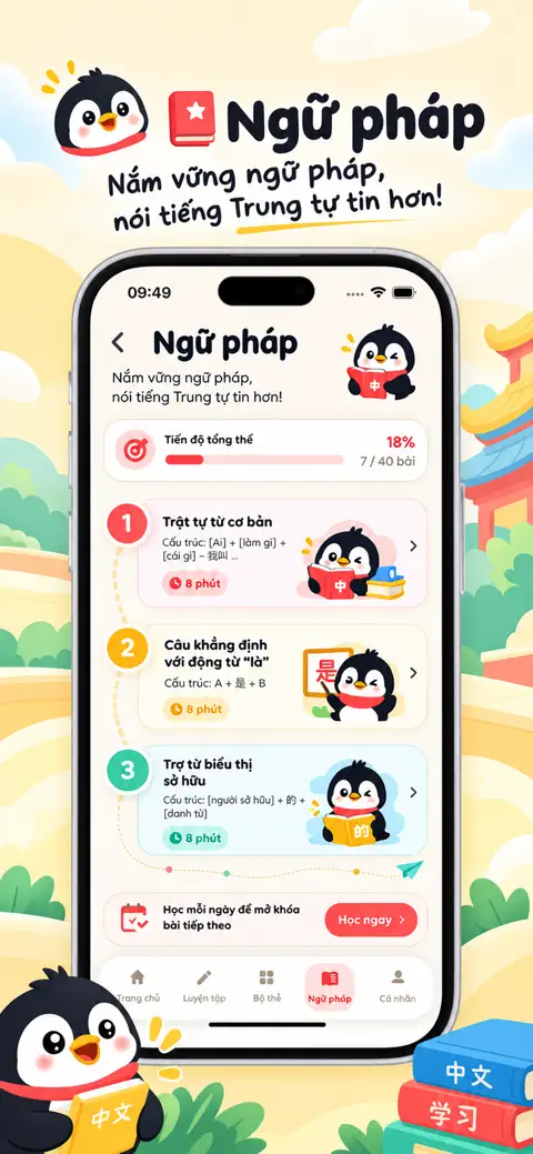 Ảnh giới thiệu app Pengu HSK trên App Store: màn hình Ngữ pháp với danh sách mẫu câu và tiến độ