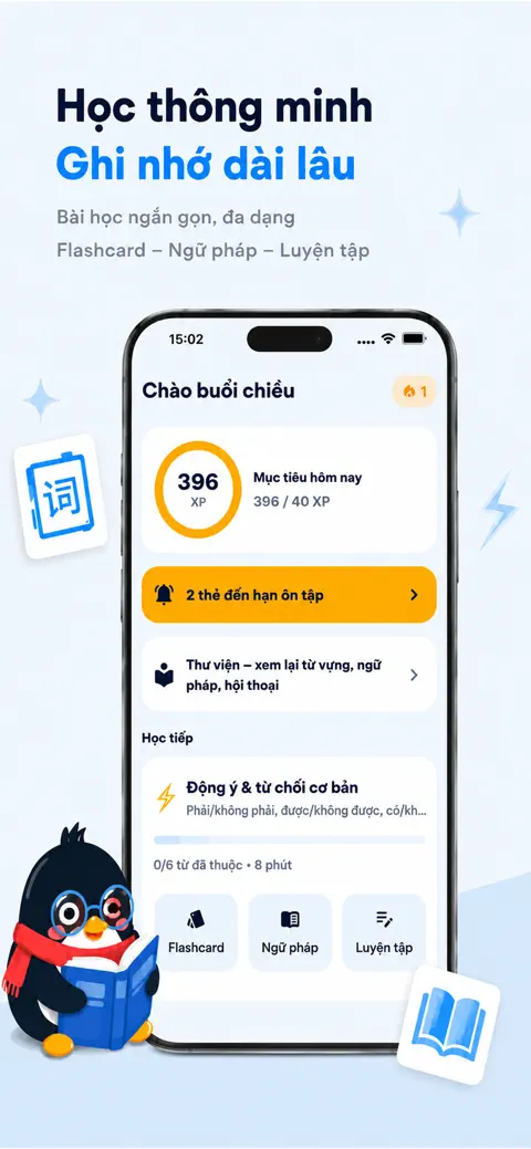 Ảnh giới thiệu app trên App Store: màn hình trang chủ với mục tiêu XP hôm nay và thẻ đến hạn ôn tập